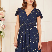 Mela Navy Foil Star Print Wrap Skater Dress