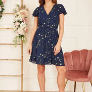 Mela Navy Foil Star Print Wrap Skater Dress