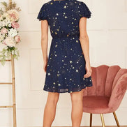 Mela Navy Foil Star Print Wrap Skater Dress