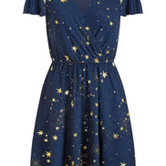 Mela Navy Foil Star Print Wrap Skater Dress