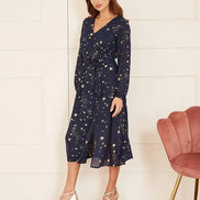 Mela Navy Foil Star Print Long Sleeve Midi