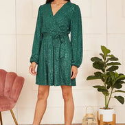 Mela Green Sequin Belted Wrap Long Sleeve Dress