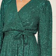 Mela Green Sequin Belted Wrap Long Sleeve Dress