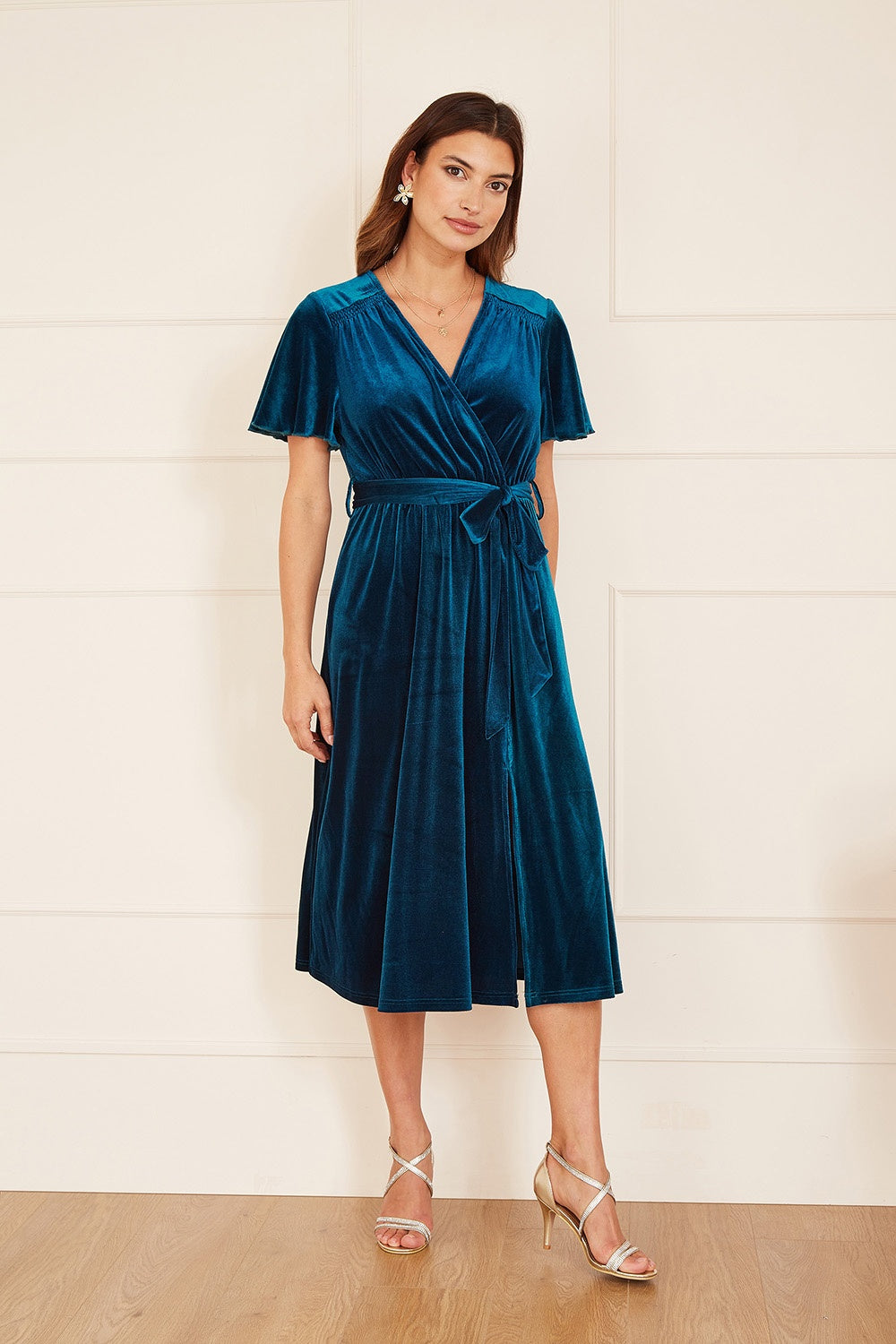Yumi Teal Wrap Over Midi Dress with Angel Sleeves and Split Hem