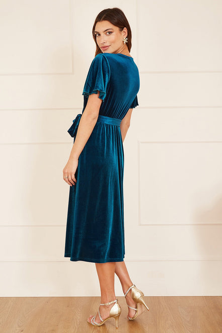 Yumi Teal Wrap Over Midi Dress with Angel Sleeves and Split Hem