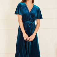Yumi Teal Wrap Over Midi Dress with Angel Sleeves and Split Hem