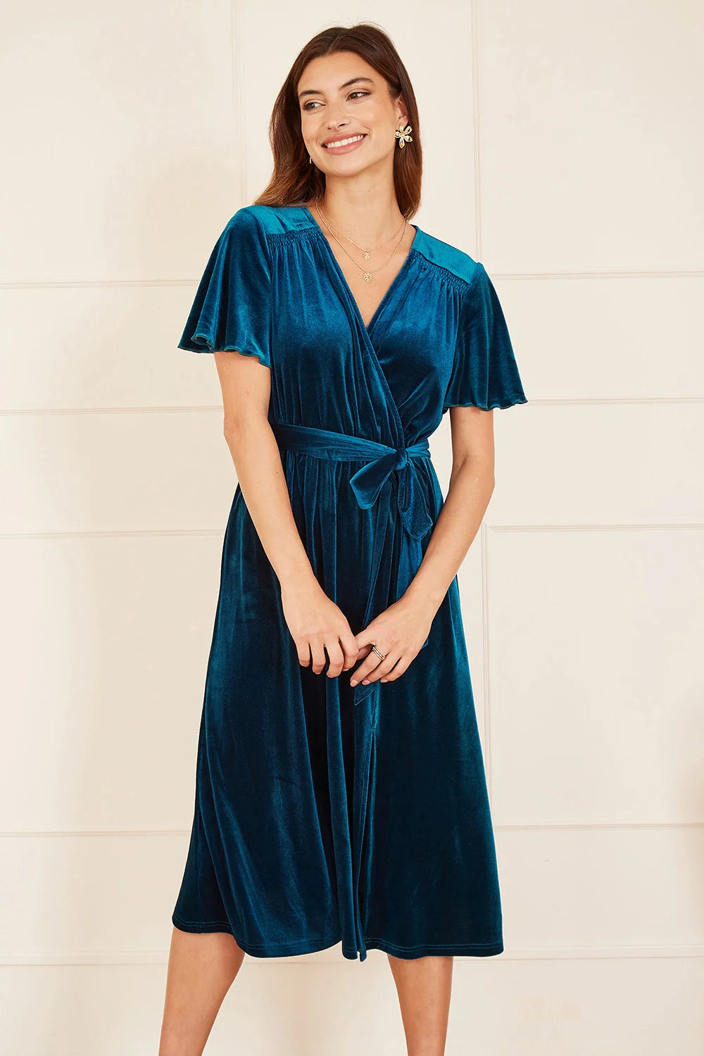 Yumi Teal Wrap Over Midi Dress with Angel Sleeves and Split Hem