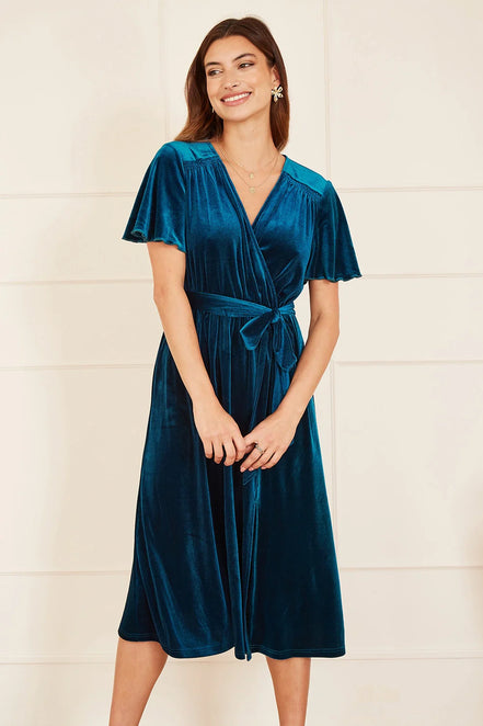 Yumi Teal Wrap Over Midi Dress with Angel Sleeves and Split Hem