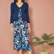 Yumi Navy Tie Up Ribbed Cardigan with Frill Hem
