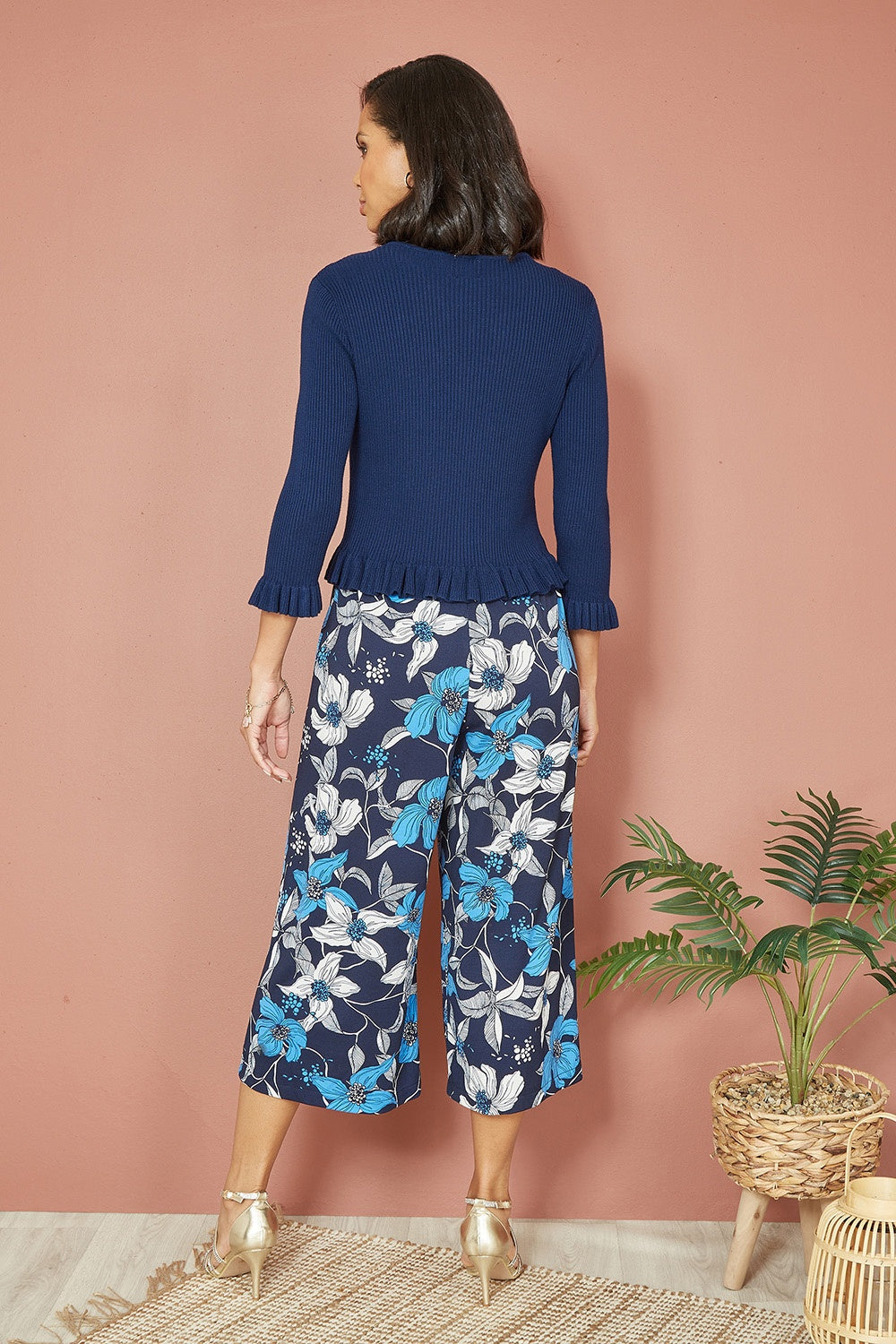 Yumi Navy Tie Up Ribbed Cardigan with Frill Hem