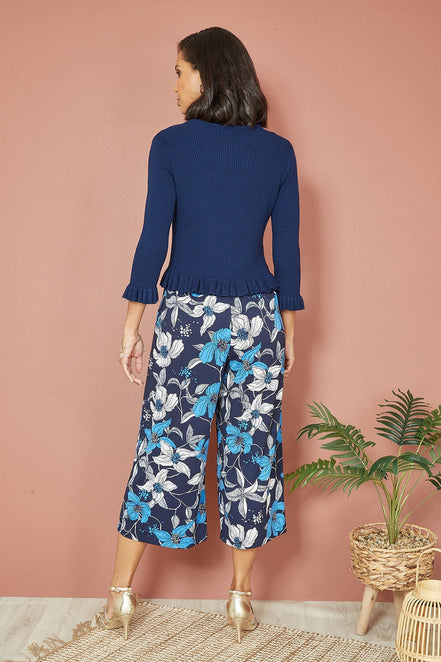 Yumi Navy Tie Up Ribbed Cardigan with Frill Hem
