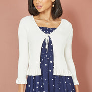Yumi Ivory Tie Up Ribbed Cardigan with Frill Hem