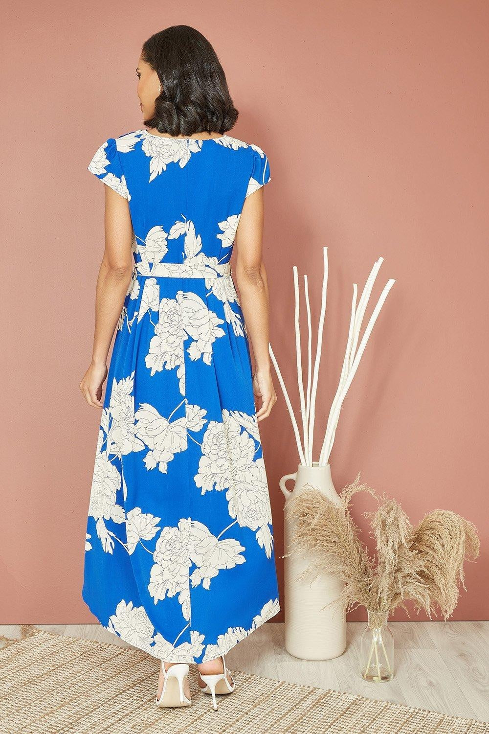 Mela Blue Blossom Print Wrap Midi with Dipped Hem