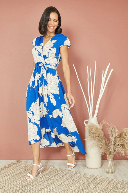Mela Blue Blossom Print Wrap Midi with Dipped Hem
