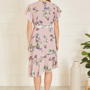 Yumi Blush Wrap Over Midi Dress with Frill Details and Matching Belt