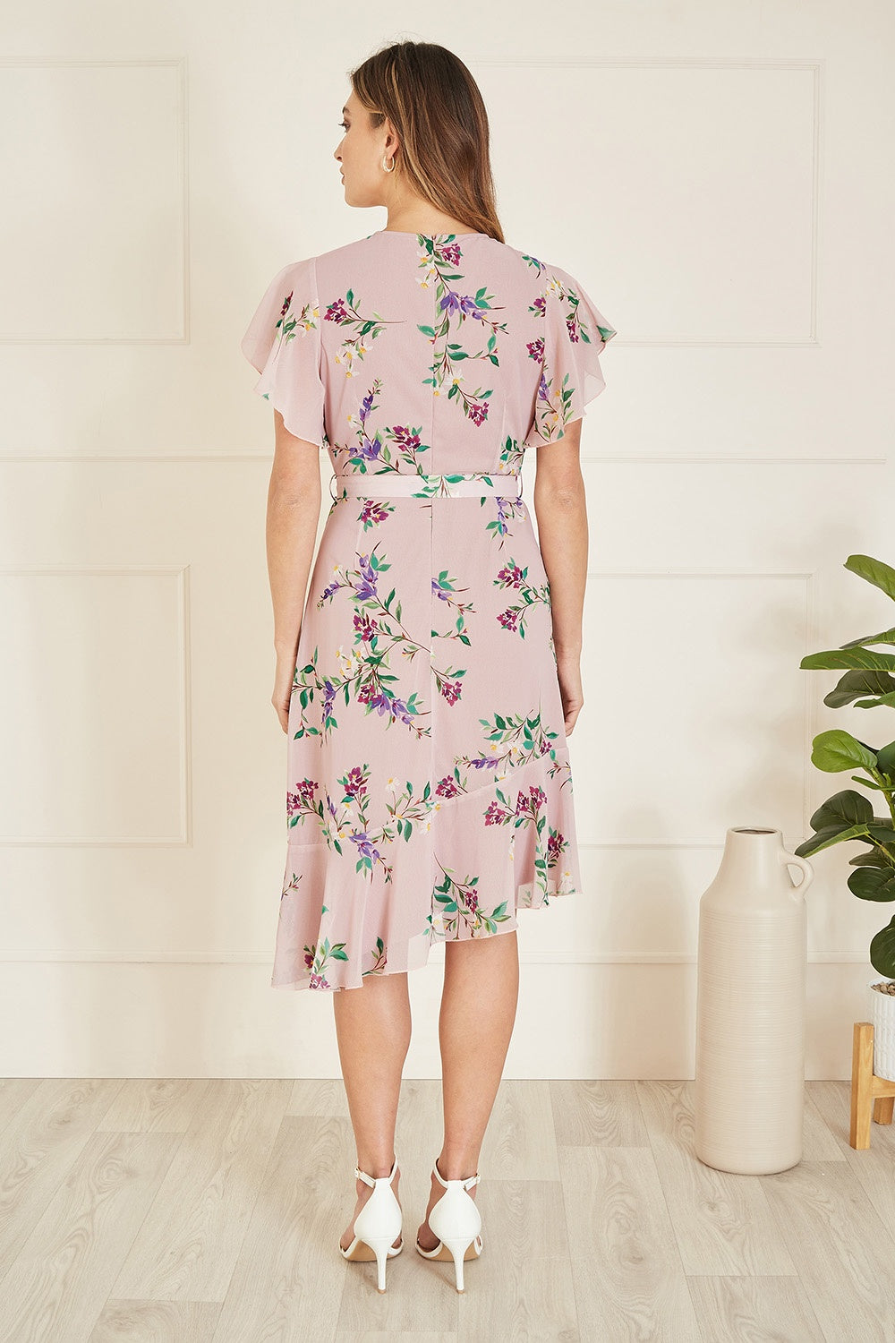 Yumi Blush Wrap Over Midi Dress with Frill Details and Matching Belt