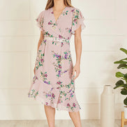 Yumi Blush Wrap Over Midi Dress with Frill Details and Matching Belt