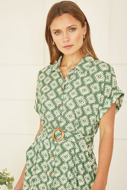 Yumi Green Viscose Midi Shirt Dress with Matching Belt