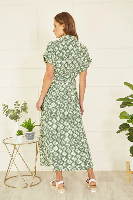 Yumi Green Viscose Midi Shirt Dress with Matching Belt