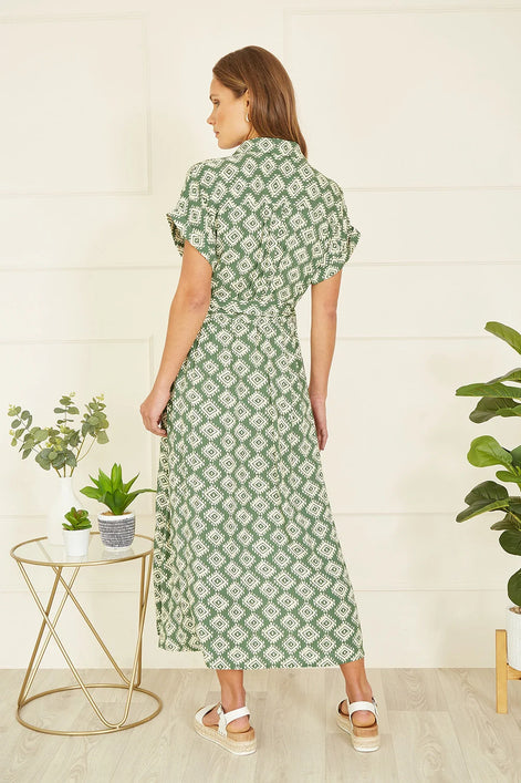 Yumi Green Viscose Midi Shirt Dress With Matching Belt