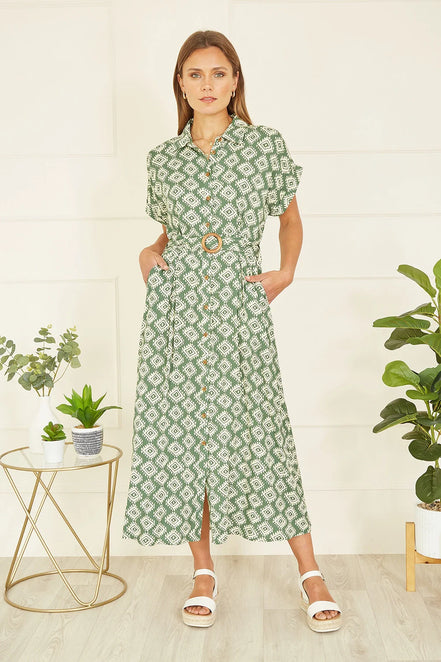Yumi Green Viscose Midi Shirt Dress with Matching Belt