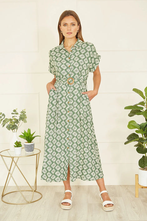 Yumi Green Viscose Midi Shirt Dress With Matching Belt