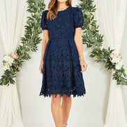 Yumi Navy Lace Skater Dress with Puff Sleeves