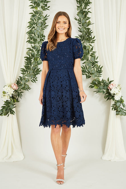 Yumi Navy Lace Skater Dress with Puff Sleeves