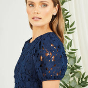 Yumi Navy Lace Skater Dress with Puff Sleeves