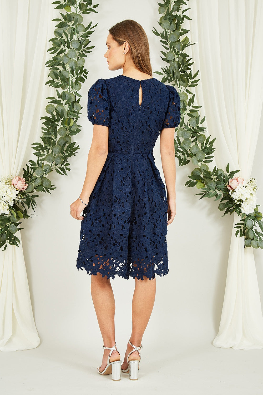Yumi Navy Lace Skater Dress with Puff Sleeves