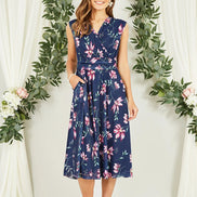Yumi Navy Floral Print Mesh Stretch Midi Dress with Pockets
