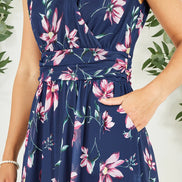 Yumi Navy Floral Print Mesh Stretch Midi Dress with Pockets