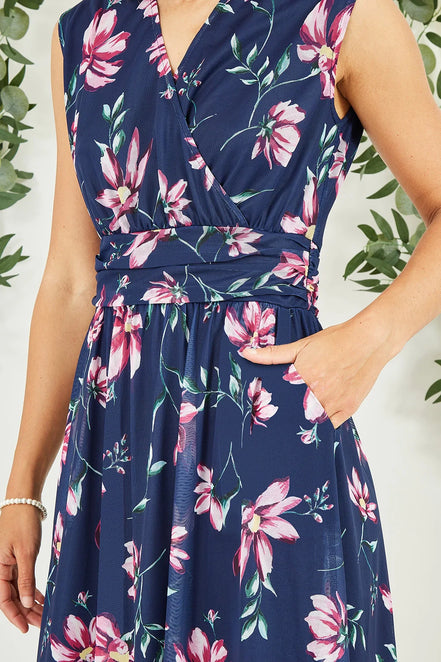 Yumi Navy Floral Print Mesh Stretch Midi Dress with Pockets