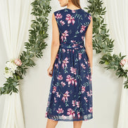 Yumi Navy Floral Print Mesh Stretch Midi Dress with Pockets