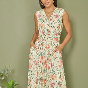 Yumi Ivory Floral Print Mesh Stretch Midi Dress with Pockets