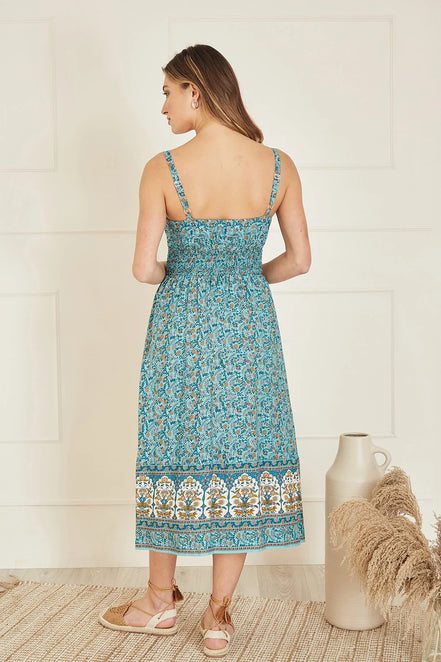 Yumi Green Border Floral Midi Sundress