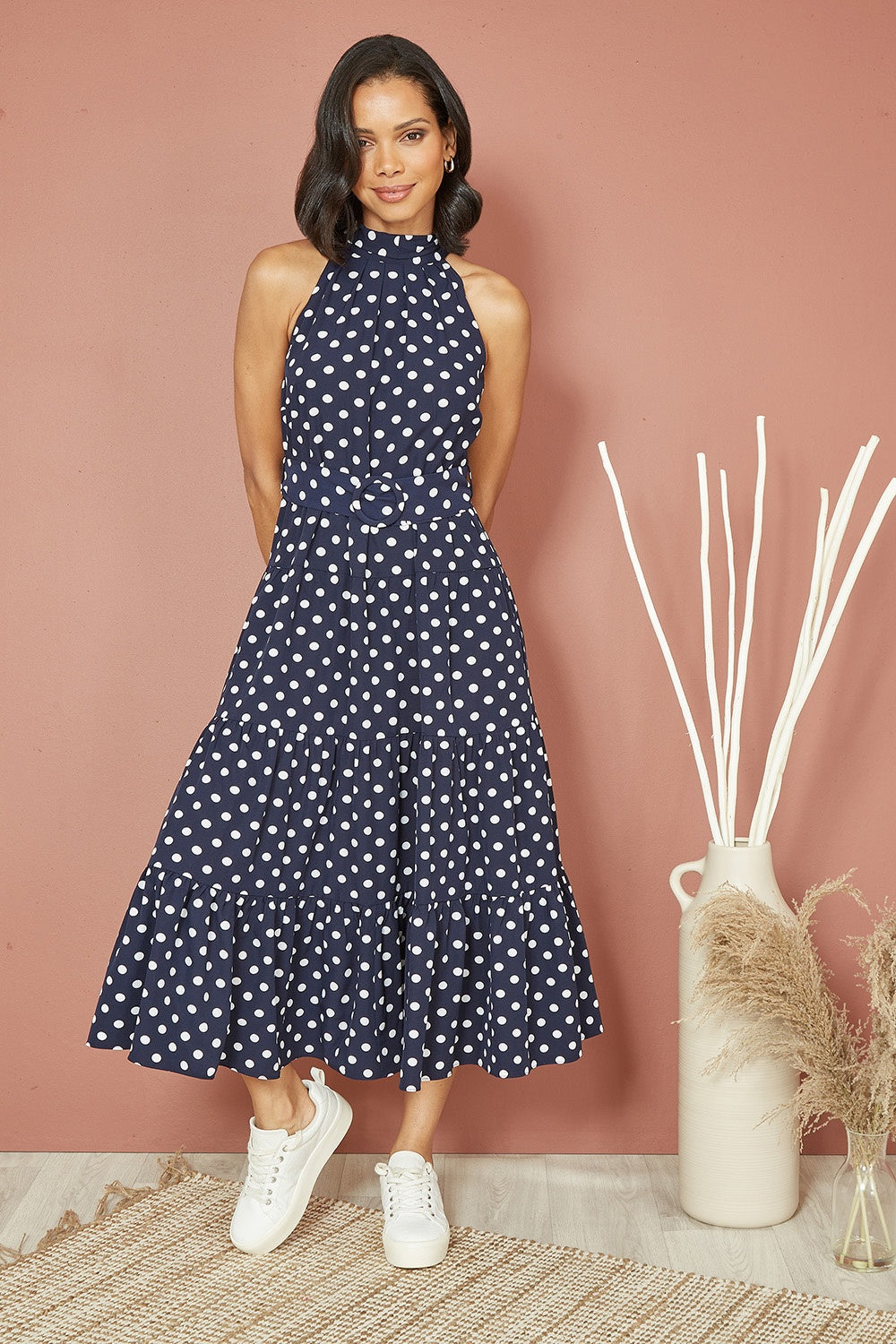 Yumi Navy Spot Print Halter Midi Dress with Matching Belt