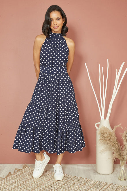 Yumi Navy Spot Print Halter Midi Dress with Matching Belt