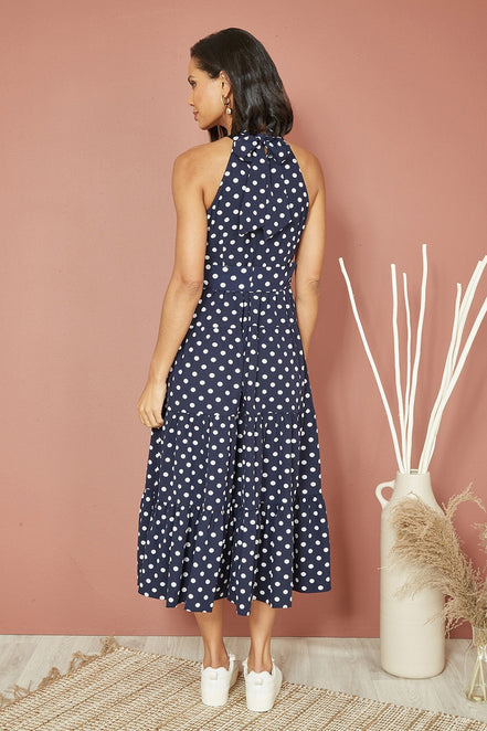 Yumi Navy Spot Print Halter Midi Dress with Matching Belt