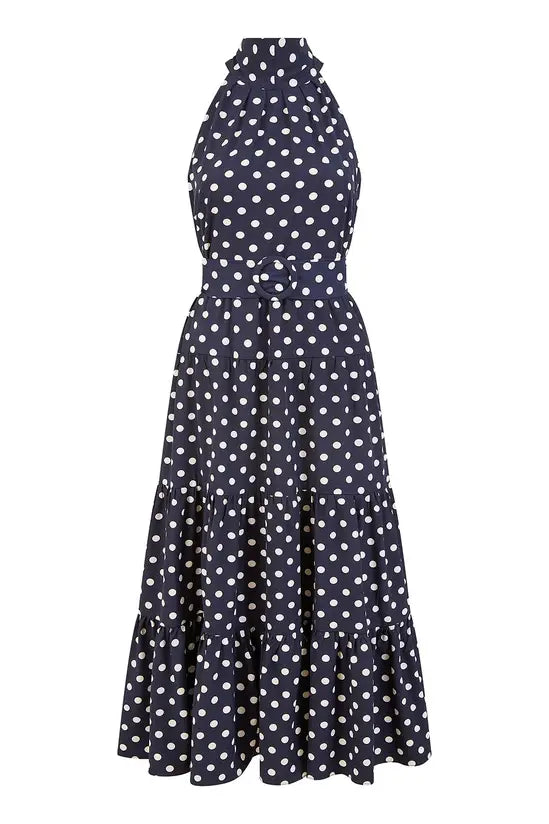 Yumi Navy Spot Print Halter Midi Dress with Matching Belt
