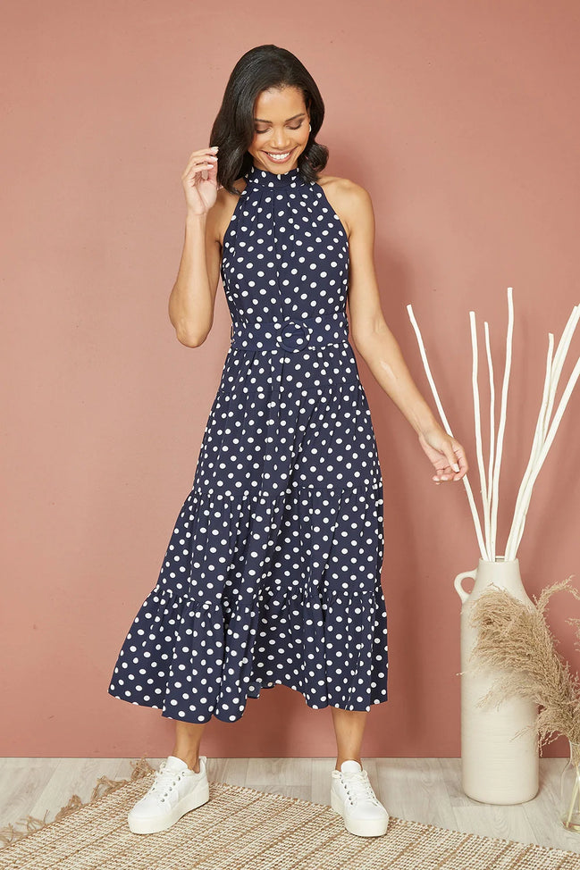 Yumi Navy Spot Print Halter Midi Dress with Matching Belt