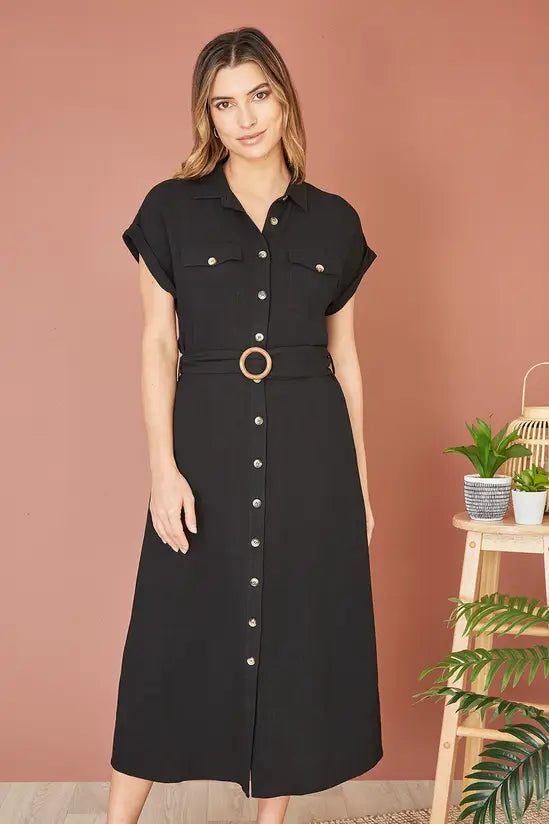 Yumi Black Viscose Linen Look Midi Shirt Dress with Wooden Belt