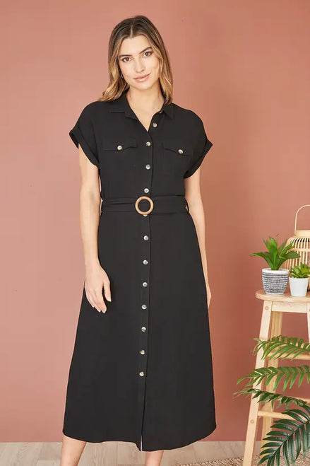Yumi Black Viscose Linen Look Midi Shirt Dress with Wooden Belt
