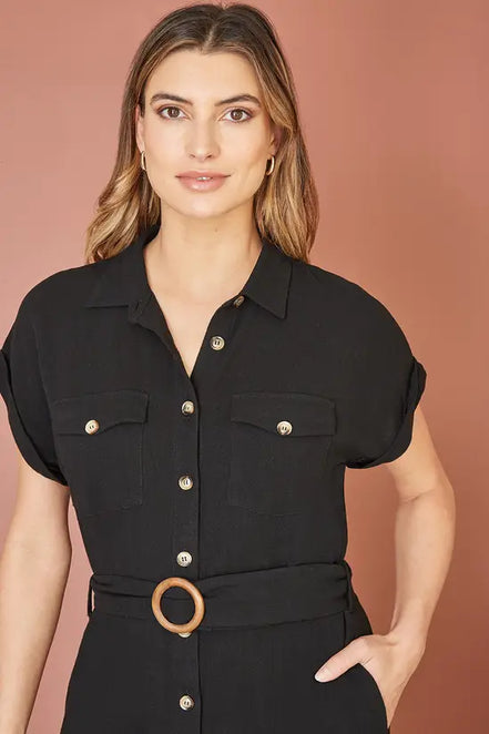 Yumi Black Viscose Linen Look Midi Shirt Dress with Wooden Belt