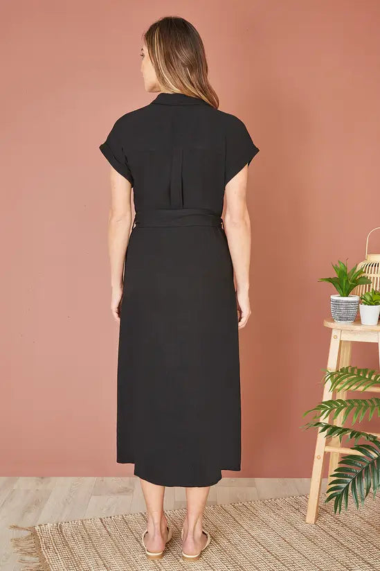 Yumi Black Viscose Linen Look Midi Shirt Dress with Wooden Belt