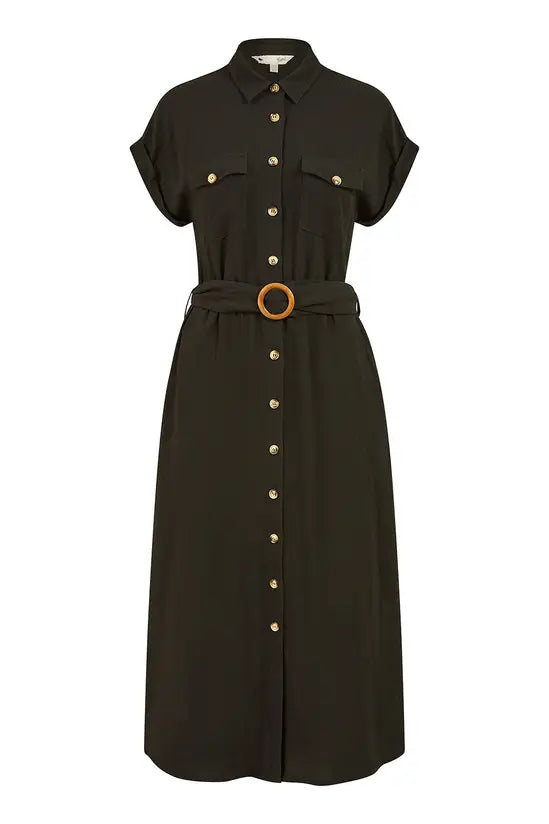 Yumi Black Viscose Linen Look Midi Shirt Dress with Wooden Belt