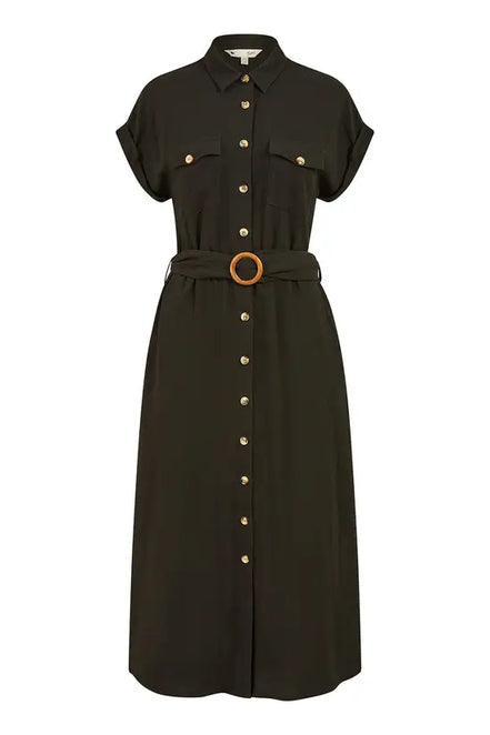 Yumi Black Viscose Linen Look Midi Shirt Dress with Wooden Belt