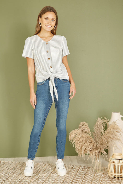 Yumi Grey Striped Jersey Button Detail Top