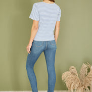 Yumi Blue Striped Jersey Button Detail Top
