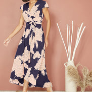 Mela Navy Blossom Print Wrap Midi with Dipped Hem